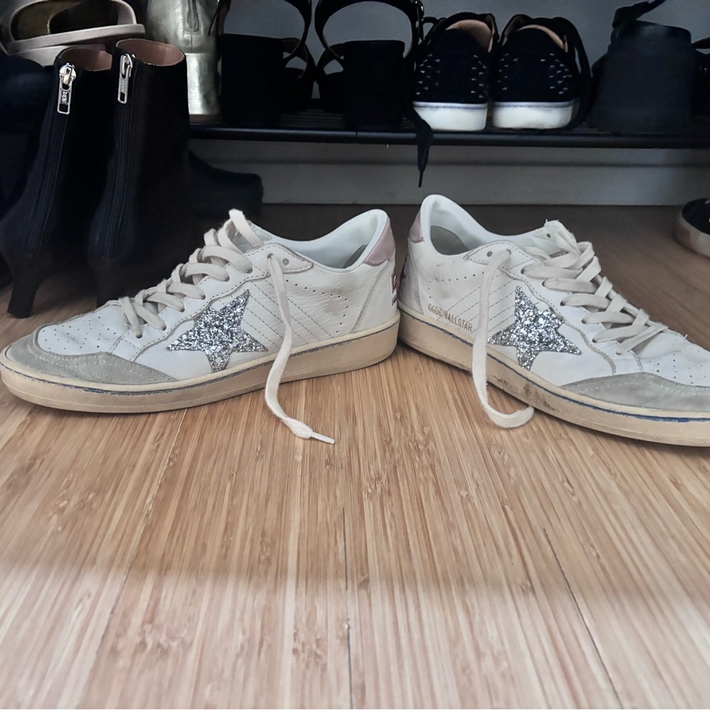 Golden Goose Cream and Silver Sneakers